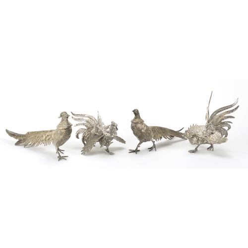 214 - Two pairs of silver plated cockerels and pheasants, the largest 32cm in length