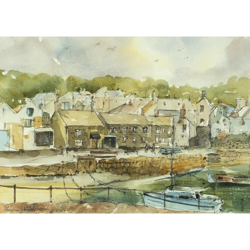 413 - Vernon Wildgoose - Mousehole moored in a Cornish harbour, watercolour, mounted and framed, 34cm x 24... 