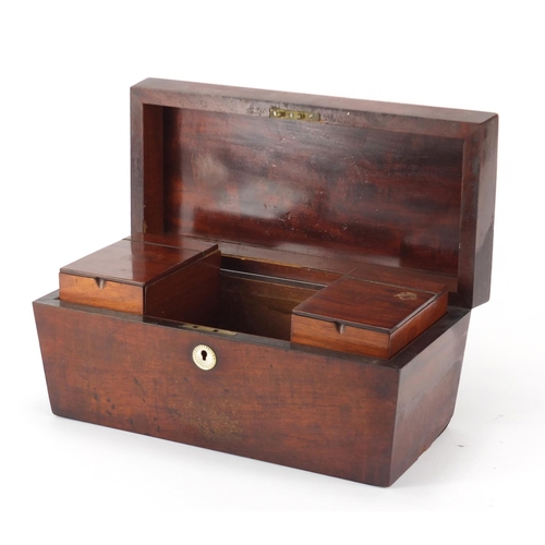 456 - Victorian mahogany sarcophagus shaped tea caddy with fitted interior, 35cm wide