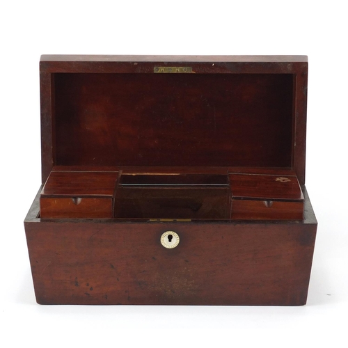 456 - Victorian mahogany sarcophagus shaped tea caddy with fitted interior, 35cm wide