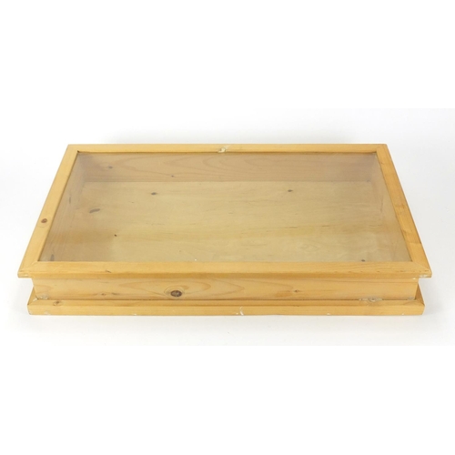 55 - Pine jeweller display case with hinged lid, 10cm H x 63cm W x 37cm D