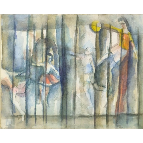 443 - Dick Lilley, children's playground, watercolour, mounted and framed, 24cm x 19cm