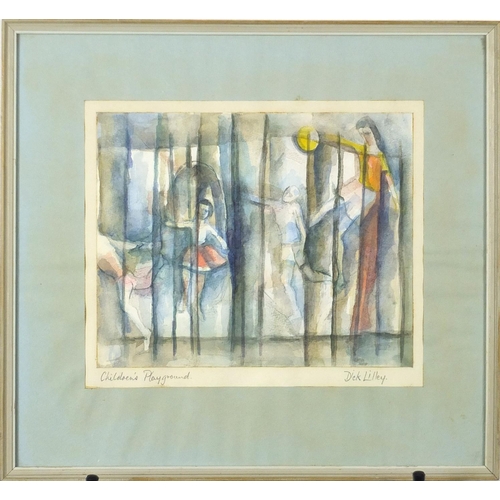 443 - Dick Lilley, children's playground, watercolour, mounted and framed, 24cm x 19cm