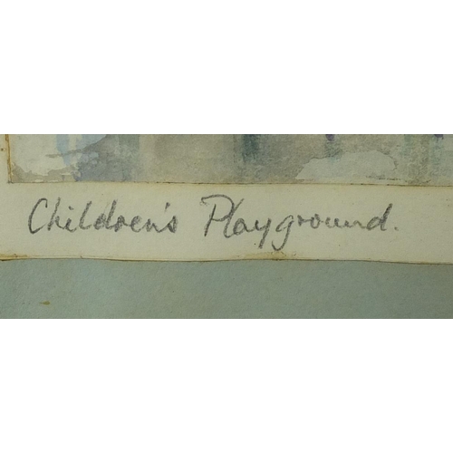 443 - Dick Lilley, children's playground, watercolour, mounted and framed, 24cm x 19cm