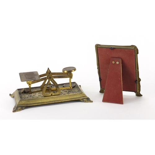 179 - Art Nouveau style brass photo frame and set of letter scales