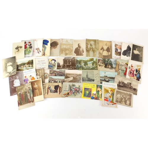 800 - Comical and social history postcards, some photographic including house front, mason and soldier in ... 