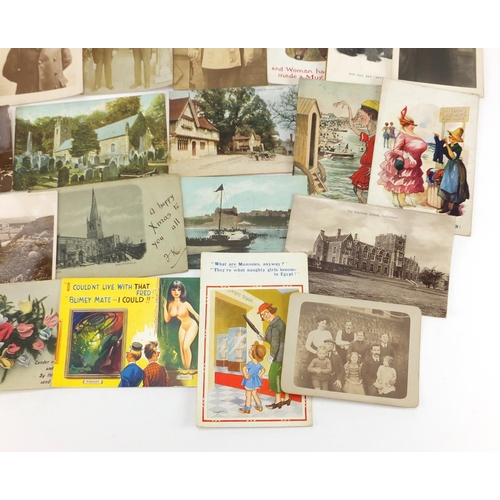 800 - Comical and social history postcards, some photographic including house front, mason and soldier in ... 