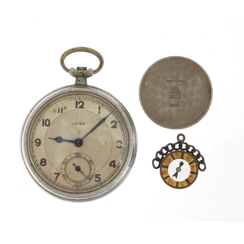 654 - Silver compass pendant, Omega Military issue watch back and a Lotex pocket watch