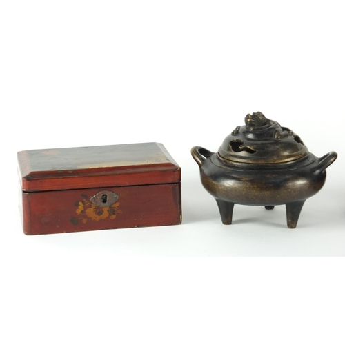 352 - Chinese items comprising a bronze incense burner with character marks, yixing figure group and lacqu... 