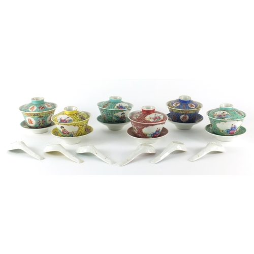 494 - Hand painted Chinese porcelain rice bowls, spoons and saucers, the largest 10.5cm in diameter