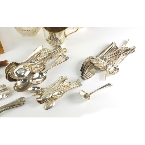 472 - Silver plated including a demi fluted three pieces tea service and Asprey knifes, some with silver h... 
