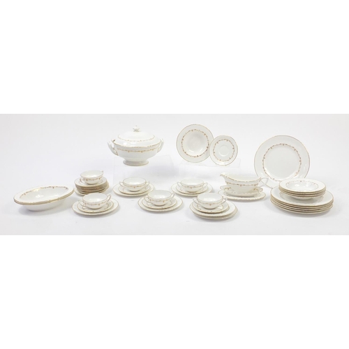 395 - Royal Worcester gold Chantilly dinnerware including lidded tureen, dinner plates and soup bowls
