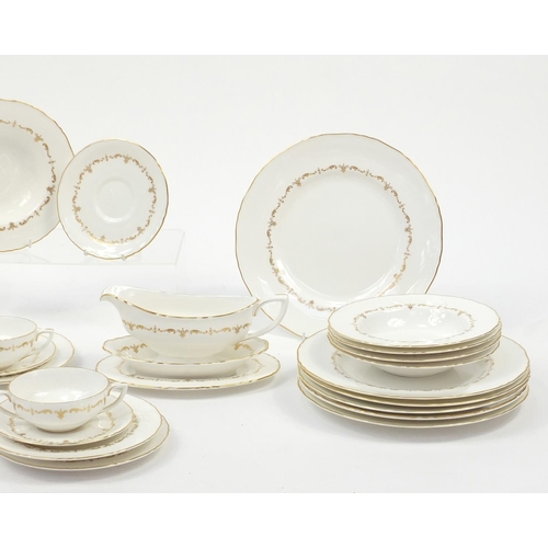 395 - Royal Worcester gold Chantilly dinnerware including lidded tureen, dinner plates and soup bowls