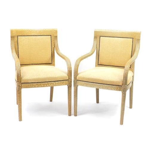 10 - Pair of French style Shabby Chic open armchairs with beige upholstery, 91cm high