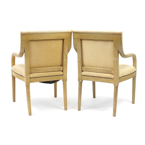 10 - Pair of French style Shabby Chic open armchairs with beige upholstery, 91cm high