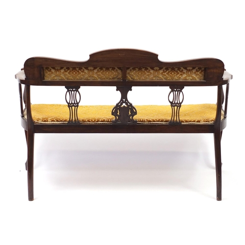 21 - Edwardian mahogany salon settee with gold floral upholstery, 122cm wide