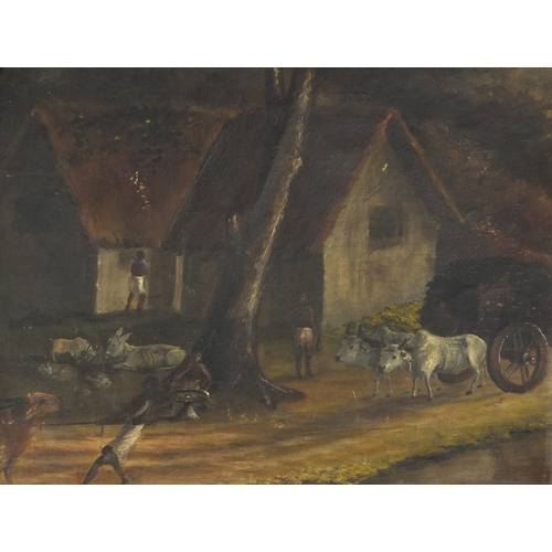 155 - Village scene with figures and cattle, 19th century Indian school oil on canvas laid on board, mount... 