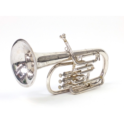 94 - Singnai silver plated cornet with protective carry case, 52cm in length