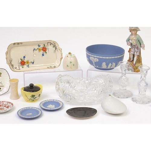 406 - China and glassware including a Halcyon Days enamel box, Rosenthal vase, Belleek vases and Wedgwood ... 