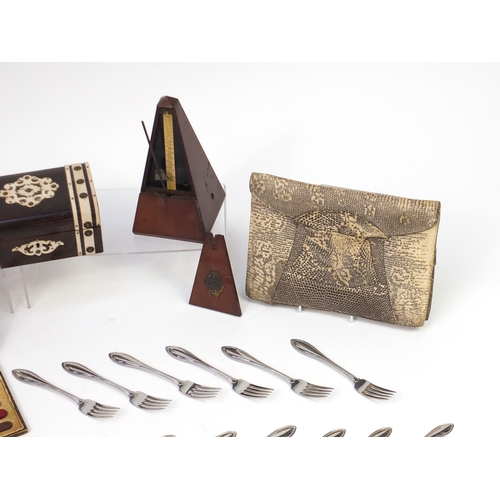 499 - Wooden and metalwares including jewellery boxes, metronome and silver plated cutlery