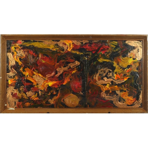 116 - Abstract composition, oil on board, bearing an inscription verso, framed, 89cm x 44.5cm