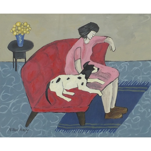 71 - Woman with her dog, gouache, bearing a signature Milton Avery, mounted and framed 42cm x 32.5cm