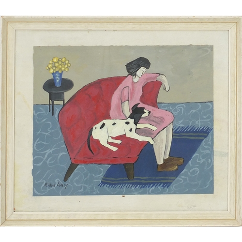 71 - Woman with her dog, gouache, bearing a signature Milton Avery, mounted and framed 42cm x 32.5cm