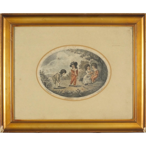 1304 - 19th Century T B Freeman Aquatint- Children playing marbles, Mrs Trewineau delin, mounted and framed... 