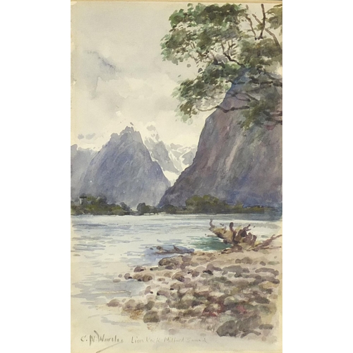 1244 - Charles Nathaniel Worsley - Lion Rock, Milford Sound, watercolour, mounted and framed, 23cm x 13.5cm