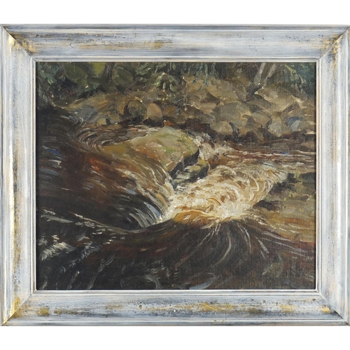 1239 - Maurice Codner - Horseshoe Falls, River Dart, Dartmoor Devon, oil on canvas board, inscriptions and ... 