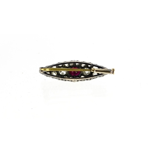 845 - Antique unmarked gold ruby and diamond bar brooch, 2.5cm in length, 2.5g