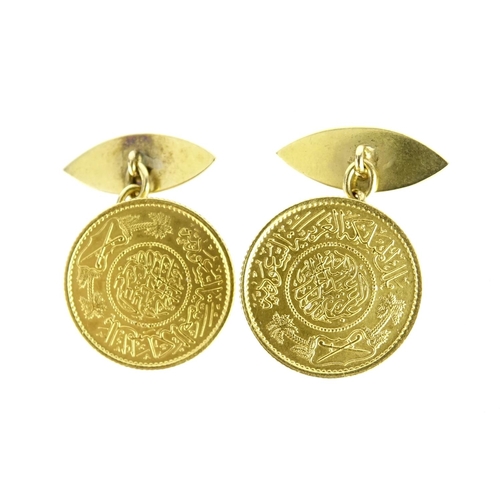 843 - Pair of Saudi Arabia gold Guinea cufflinks, tests as 22ct and 18ct gold, 2.2cm in diameter, 21.0g