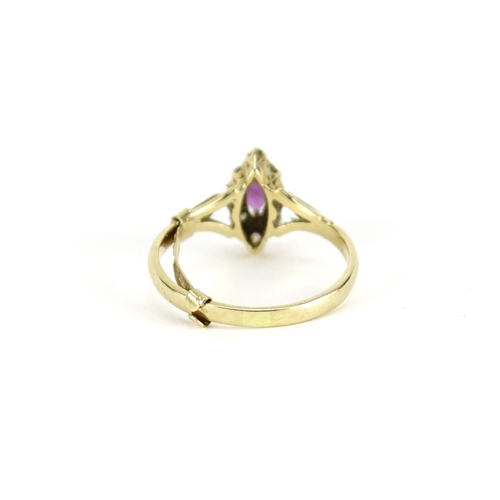 2896 - 9ct gold ruby and diamond ring, size L, 1.9g