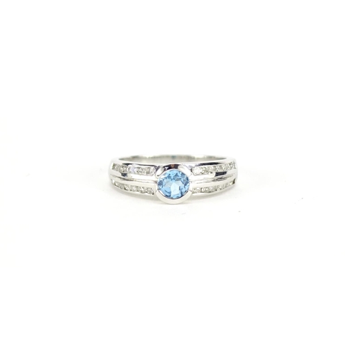 2677 - 9ct white gold blue topaz and diamond ring, with certificate, size N, 3.1g