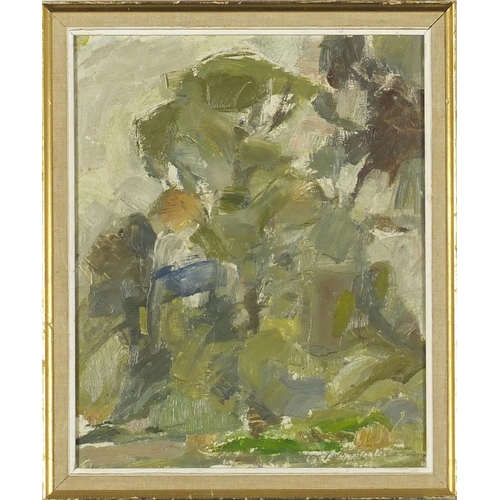 1017 - Robert Medley 1963 - Tree study, oil on board, inscriptions and print out 'Collection H J Belsey No2... 