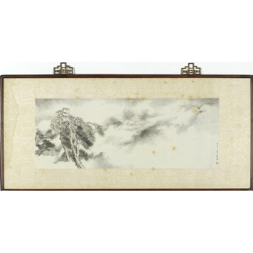 499 - Chinese watercolour scroll, depicting a landscape, with character marks and red seal marks, Tai Loon... 