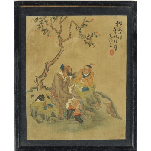 501 - Two pairs of Chinese watercolours, depicting Scholars and landscapes, one pair with character marks ... 