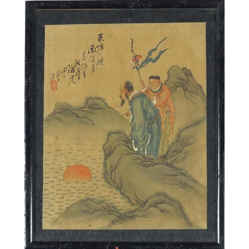 501 - Two pairs of Chinese watercolours, depicting Scholars and landscapes, one pair with character marks ... 