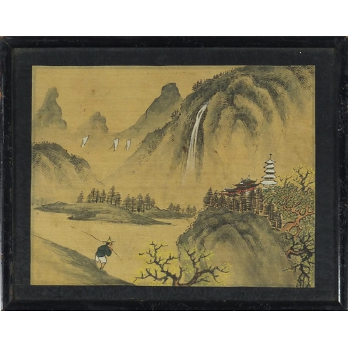 501 - Two pairs of Chinese watercolours, depicting Scholars and landscapes, one pair with character marks ... 