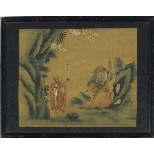 501 - Two pairs of Chinese watercolours, depicting Scholars and landscapes, one pair with character marks ... 