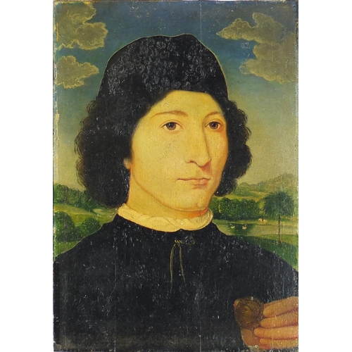 1054 - Head and shoulders portrait of a Tudor man before a landscape, antique oil on wood panel, unframed, ... 
