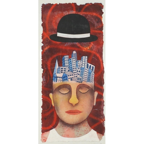 1297 - Jim Andersen 1999 - Thinking about cities, collagraph, limited edition 3/15, unframed 100.5cm x 54cm