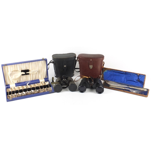 135 - Sundry items comprising two pairs of binoculars, cased set of silver plated cutlery and fish servers