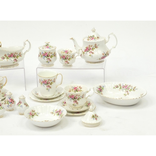 136 - Mostly Royal Albert Moss Rose teaware including teapot and cups and saucers