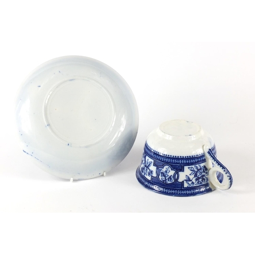 91 - Victorian blue and white porcelain over sized cup and saucer, the saucer 22cm in diameter