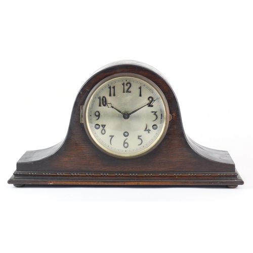 165 - Oak cased Napoleon hat shaped mantel clock with Westminster chime, 44cm wide