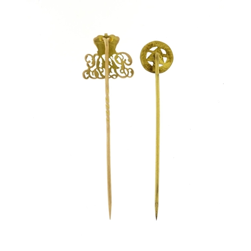 2806 - Unmarked gold tie pin and one other, the weight of the gold pin 1.5g