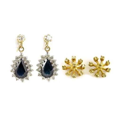 2819 - Two pairs of 9ct gold earrings set with black and clear sapphires, 3.0g