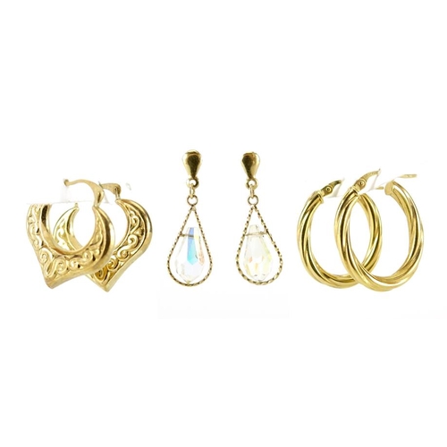 2725 - Three pairs of 9ct gold earrings including a pair set with crystals, the largest 2.2cm in length, 3.... 