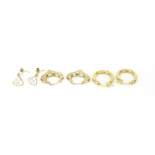 2725 - Three pairs of 9ct gold earrings including a pair set with crystals, the largest 2.2cm in length, 3.... 